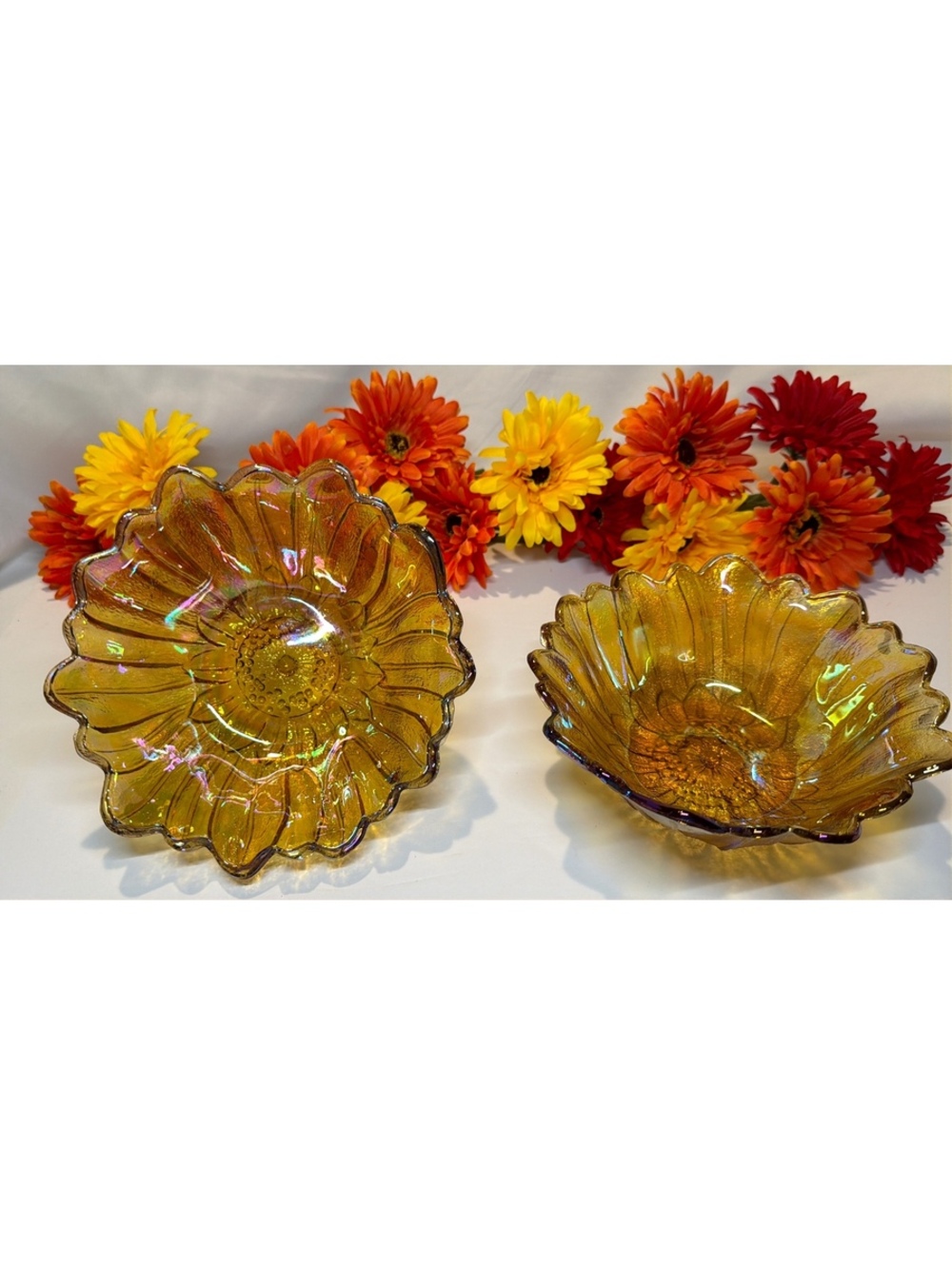 Pair Indiana Glass Marigold Carnival Glass Sunflower Bowls Iridescent Scalloped